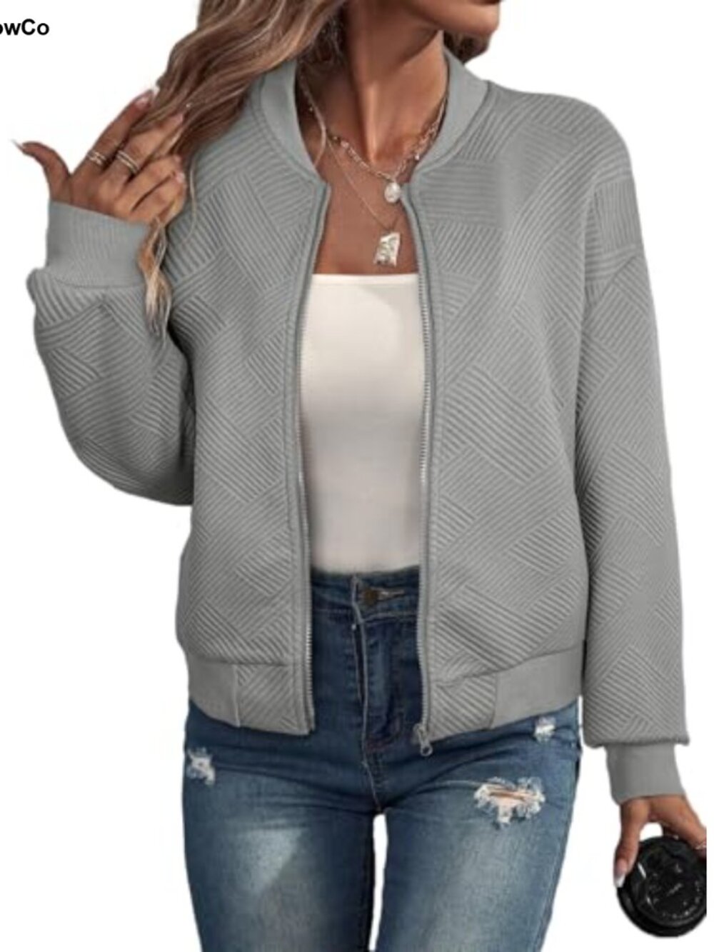 Womens Casual Stand Collar Zip Up Bomber Jacket with Pockets